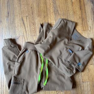 Figs Brown Scrub Set with Green Accents